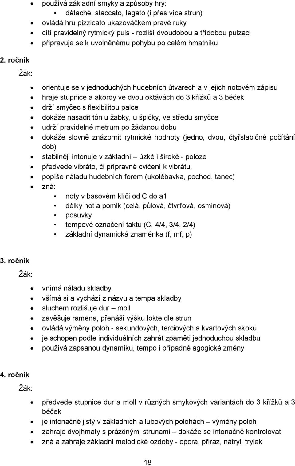 ročník orientuje se v jednoduchých hudebních útvarech a v jejich notovém zápisu hraje stupnice a akordy ve dvou oktávách do 3 křížků a 3 béček drží smyčec s flexibilitou palce dokáže nasadit tón u