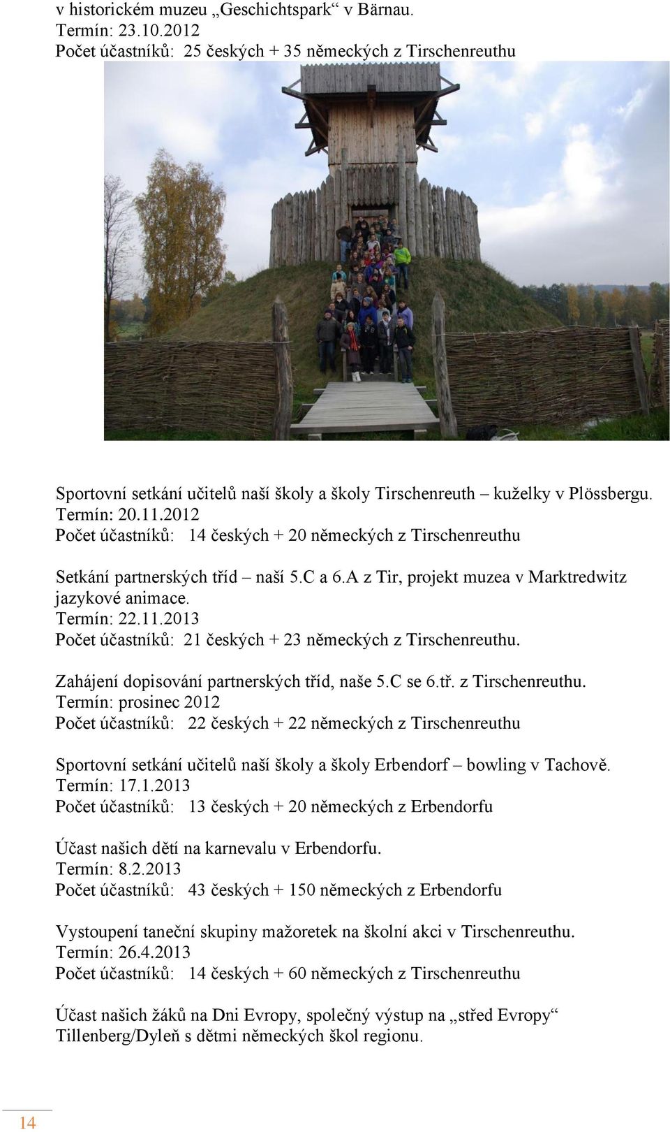 2012 Počet účastníků: 14 českých + 20 německých z Tirschenreuthu Setkání partnerských tříd naší 5.C a 6.A z Tir, projekt muzea v Marktredwitz jazykové animace. Termín: 22.11.