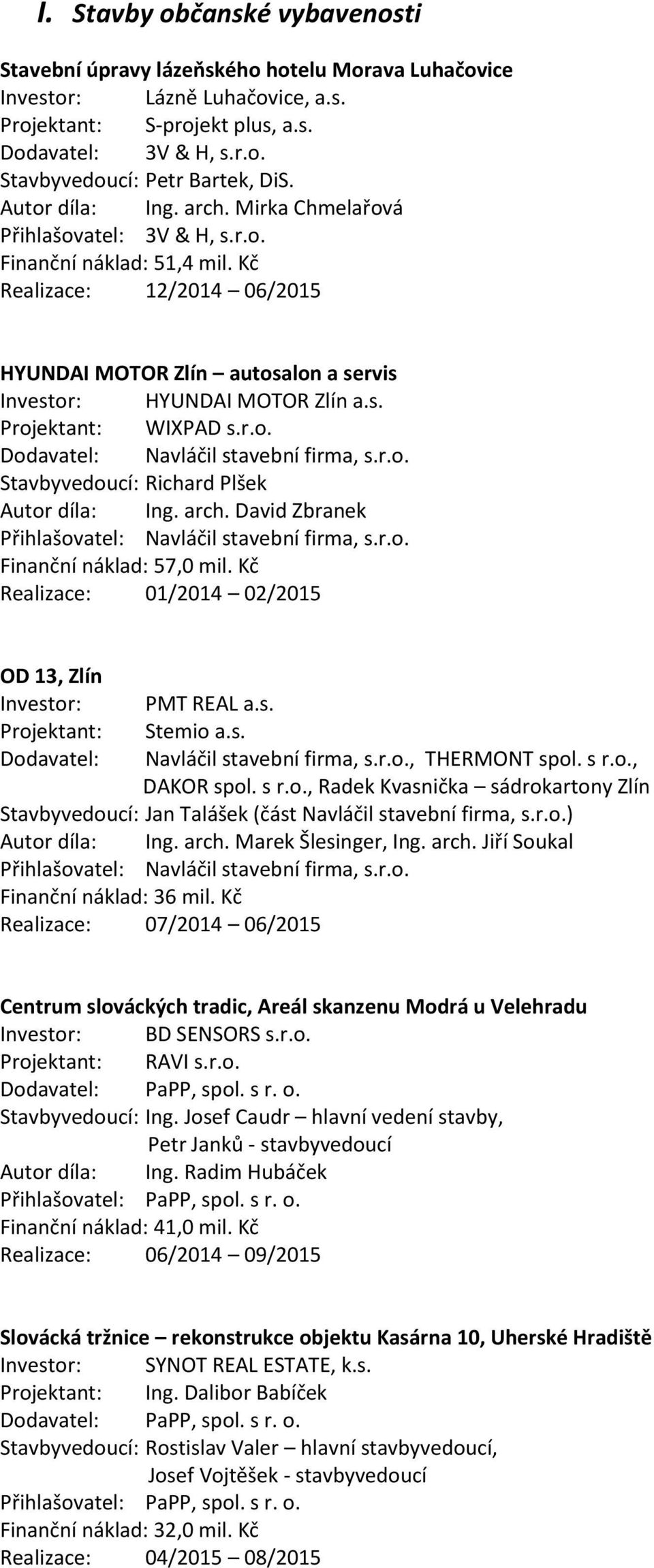 r.o. Dodavatel: Navláčil stavební firma, s.r.o. Stavbyvedoucí: Richard Plšek Autor díla: Ing. arch. David Zbranek Přihlašovatel: Navláčil stavební firma, s.r.o. Finanční náklad: 57,0 mil.