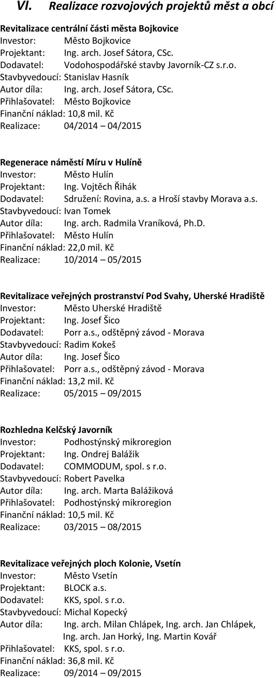 Kč Realizace: 04/2014 04/2015 Regenerace náměstí Míru v Hulíně Investor: Město Hulín Projektant: Ing. Vojtěch Řihák Dodavatel: Sdružení: Rovina, a.s. a Hroší stavby Morava a.s. Stavbyvedoucí: Ivan Tomek Autor díla: Ing.