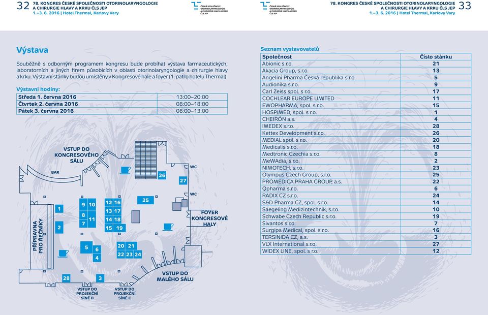 června 2016 08:00 13:00 Seznam vystavovatelů Společnost Číslo stánku Abionic s.r.o. 21 Akacia Group, s.r.o. 13 Angelini Pharma Česká republika s.r.o. 5 Audionika s.r.o. 9 Carl Zeiss spol. s r.o. 17 COCHLEAR EUROPE LIMITED 11 EWOPHARMA, spol.