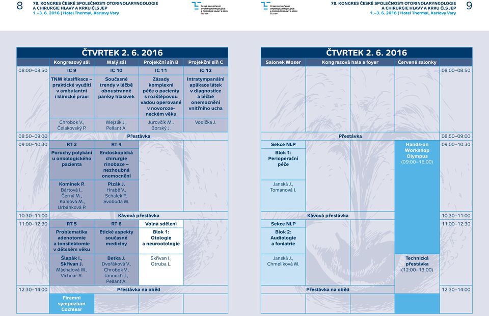 Zásady komplexní péče o pacienty s rozštěpovou vadou operované v novorozeneckém věku Jurovčík M., Borský J. Intratympanální aplikace látek v diagnostice a léčbě onemocnění vnitřního ucha Vodička J.