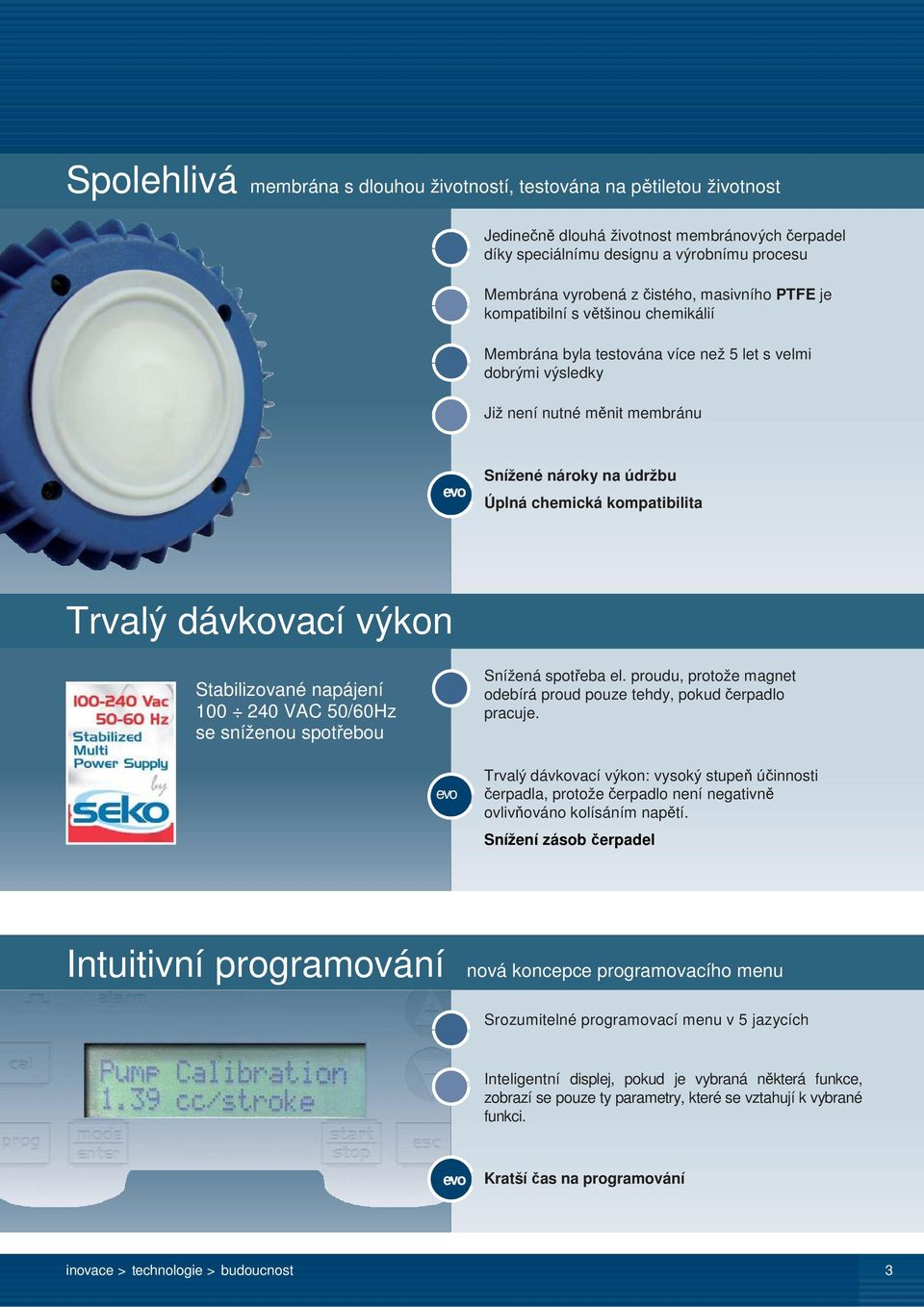 kompatibilita Trvalý dávkovací výkon Stabilizované napájení 100 240 VAC 50/60Hz se sníženou spotřebou Snížená spotřeba el. proudu, protože magnet odebírá proud pouze tehdy, pokud čerpadlo pracuje.