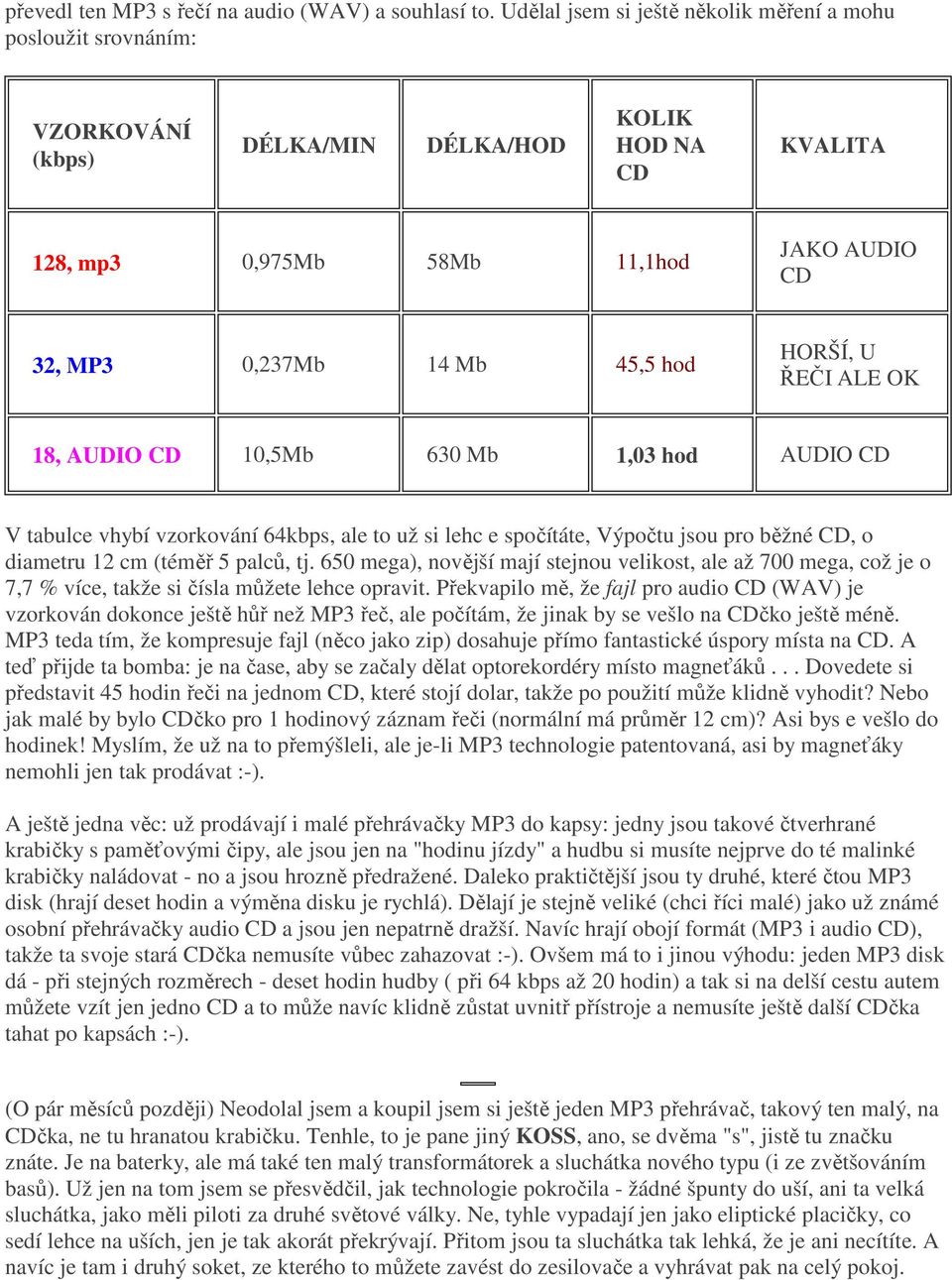 hod HORŠÍ, U ŘEČI ALE OK 18, AUDIO CD 10,5Mb 630 Mb 1,03 hod AUDIO CD V tabulce vhybí vzorkování 64kbps, ale to už si lehc e spočítáte, Výpočtu jsou pro běžné CD, o diametru 12 cm (téměř 5 palců, tj.