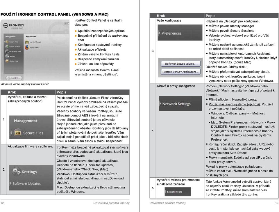 com Konfigurace nastavení IronKey Aktualizace přístroje Změna vašeho IronKey hesla Bezpečné zamykání zařízení Získání on-line nápovědy Většina možností Control Panel je umístěna v menu Settings.