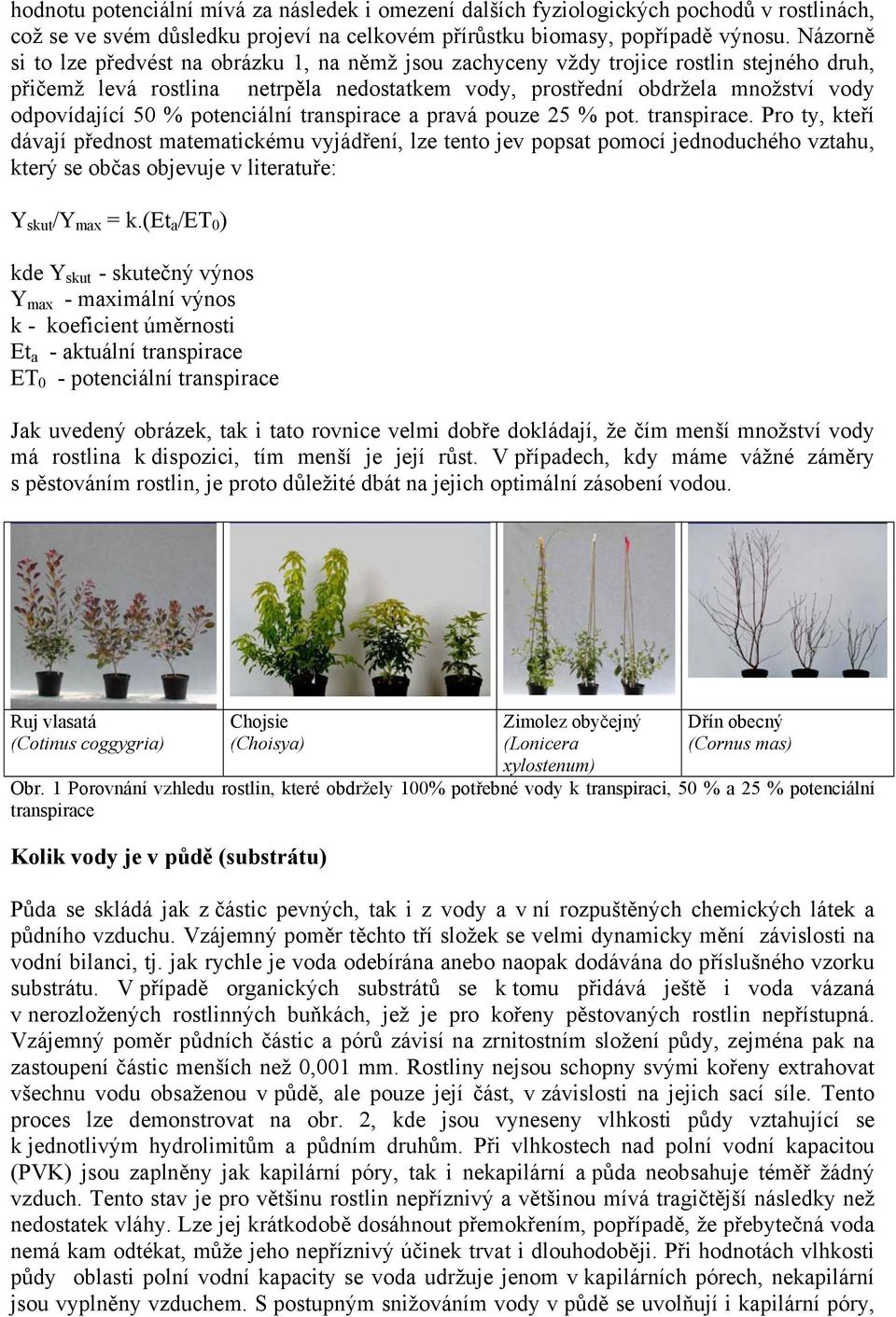 % potenciální transpirace a pravá pouze 25 % pot. transpirace. Pro ty, kteří dávají přednost matematickému vyjádření, lze tento jev popsat pomocí jednoduchého vztahu, který se občas objevuje v literatuře: Y skut /Y max = k.