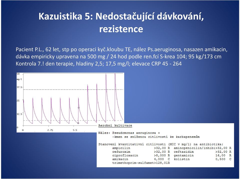 aeruginosa, nasazen amikacin, dávka empiricky upravena na 500 mg / 24