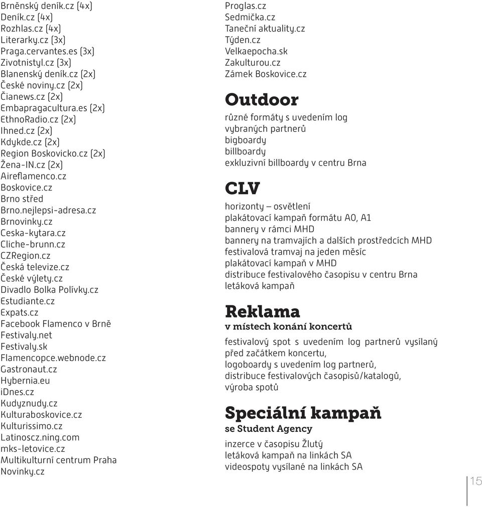 cz Cliche-brunn.cz CZRegion.cz Česká televize.cz České výlety.cz Divadlo Bolka Polívky.cz Estudiante.cz Expats.cz Facebook Flamenco v Brně Festivaly.net Festivaly.sk Flamencopce.webnode.cz Gastronaut.