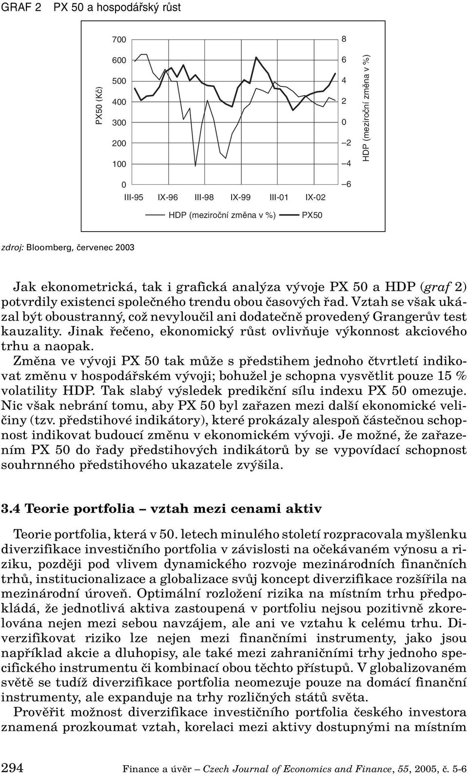 Vztah se v ak ukázal b t oboustrann, coï nevylouãil ani dodateãnû proveden GrangerÛv test kauzality. Jinak fieãeno, ekonomick rûst ovlivàuje v konnost akciového trhu a naopak.