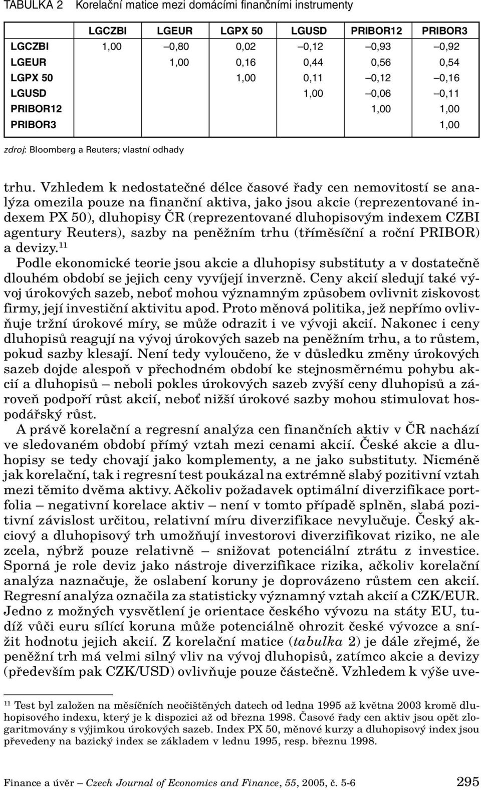 Vzhledem k nedostateãné délce ãasové fiady cen nemovitostí se anal za omezila pouze na finanãní aktiva, jako jsou akcie (reprezentované indexem PX 50), dluhopisy âr (reprezentované dluhopisov m