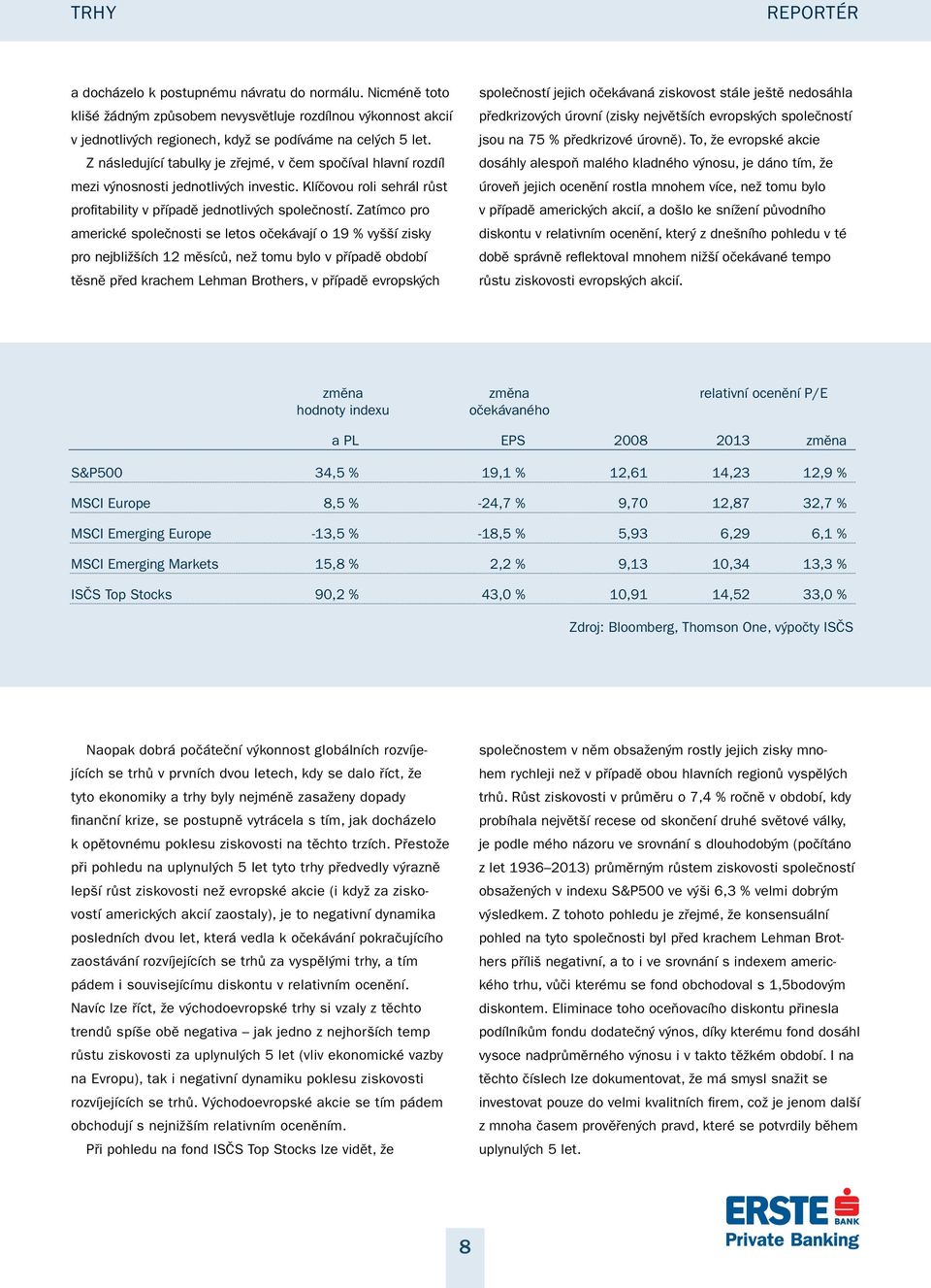 Zatímco pro americké společnosti se letos očekávají o 19 % vyšší zisky pro nejbližších 12 měsíců, než tomu bylo v případě období těsně před krachem Lehman Brothers, v případě evropských společností