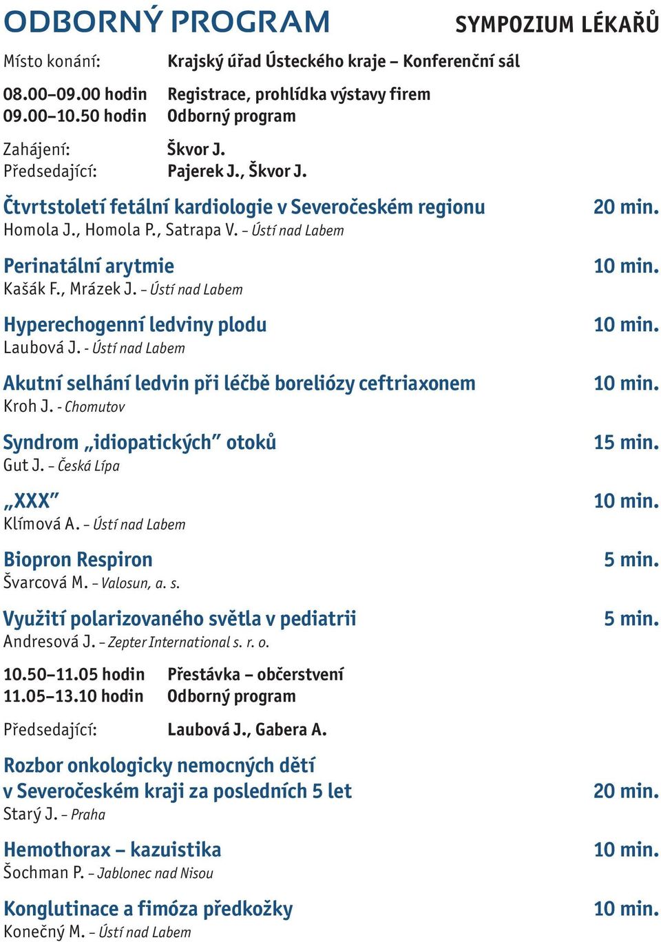 Ústí nad Labem Hyperechogenní ledviny plodu Laubová J. - Ústí nad Labem Akutní selhání ledvin při léčbě boreliózy ceftriaxonem Kroh J. - Chomutov Syndrom idiopatických otoků Gut J.