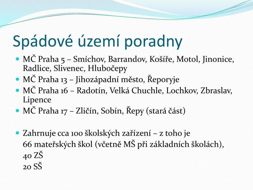 Chuchle, Lochkov, Zbraslav, Lipence MČ Praha 17 Zličín, Sobín, Řepy (stará část) Zahrnuje