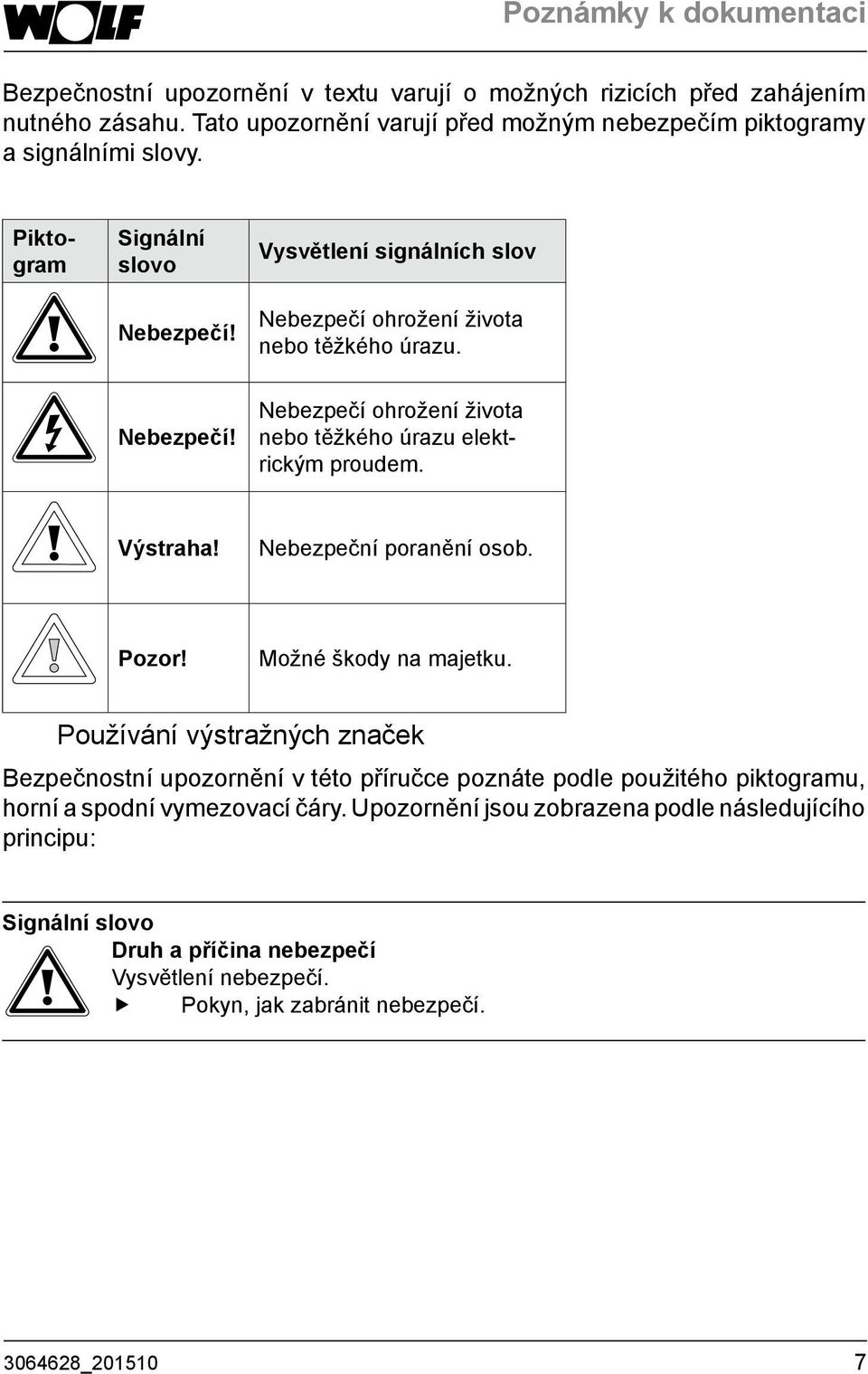 Nebezpečí! Nebezpečí ohrožení života nebo těžkého úrazu elektrickým proudem. Výstraha! Nebezpeční poranění osob. Pozor! Možné škody na majetku.