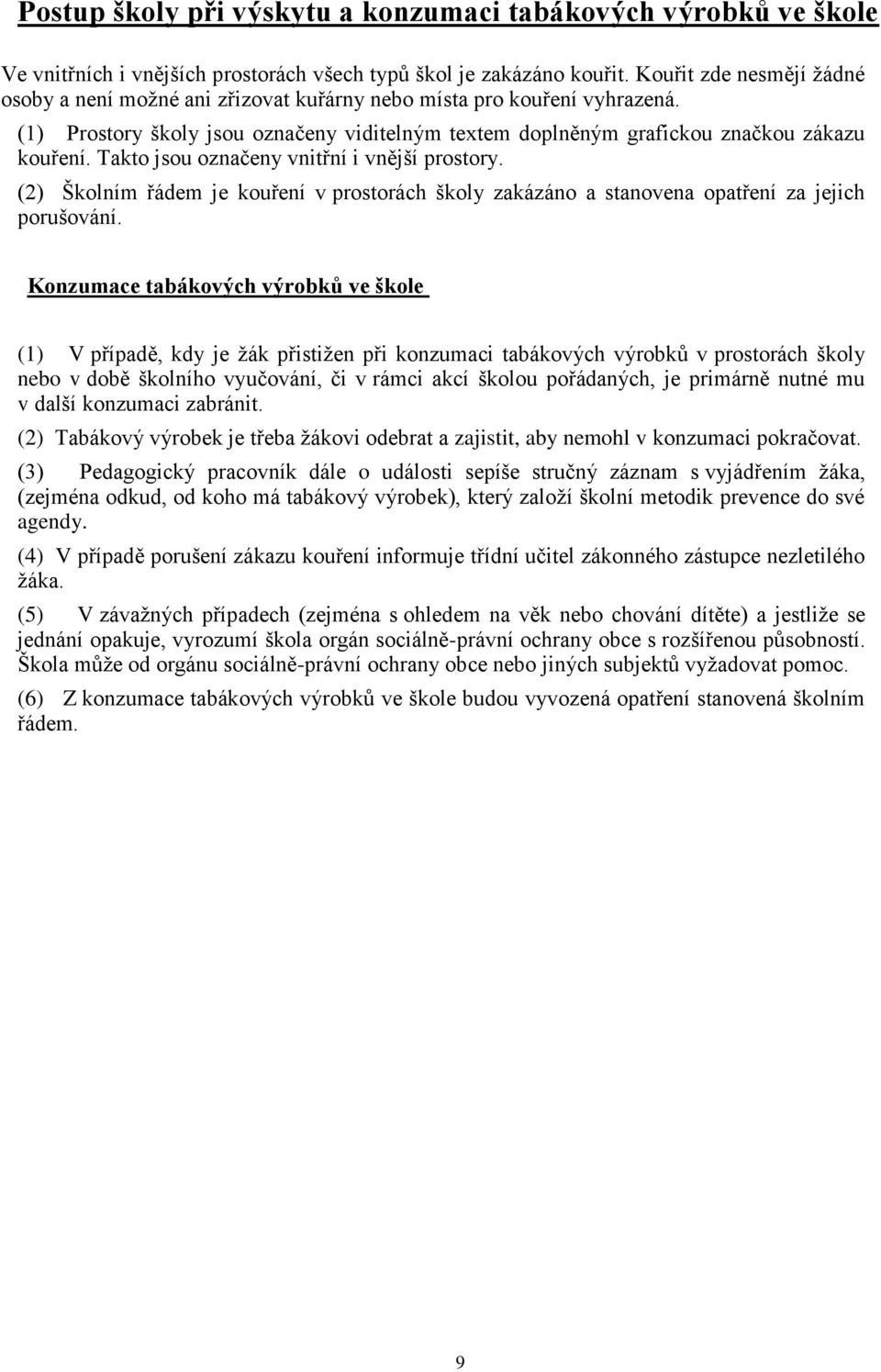 Takto jsou označeny vnitřní i vnější prostory. (2) Školním řádem je kouření v prostorách školy zakázáno a stanovena opatření za jejich porušování.