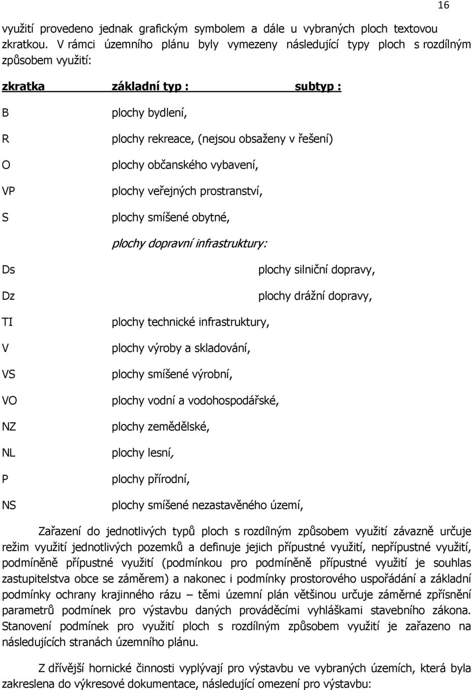 plochy občanského vybavení, plochy veřejných prostranství, plochy smíšené obytné, plochy dopravní infrastruktury: Ds Dz TI V VS VO NZ NL P NS plochy silniční dopravy, plochy drážní dopravy, plochy