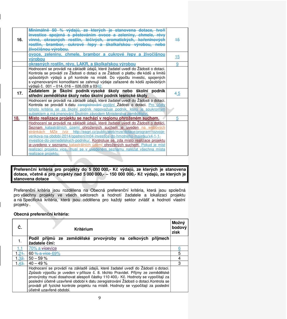 ovoce, zeleniny, chmele, brambor a cukrové řepy a živočišnou výrobou 15 okrasných rostlin, révy, LAKR, a školkařskou výrobou 9 Kontrola se provádí ze Žádosti o dotaci a ze Žádosti o platbu dle kódů a