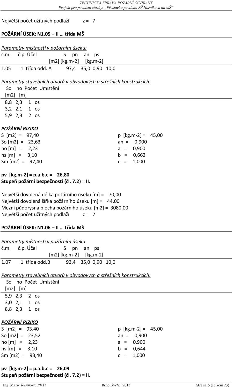 2,23 hs [m] = 3,10 Sm [m2] = 97,40 p [kg.m-2] = 45,00 an = 0,900 a = 0,900 b = 0,662 c = 1,000 pv [kg.m-2] = p.a.b.c = 26,80 Stupeň požární bezpečnosti (čl. 7.2) = II.