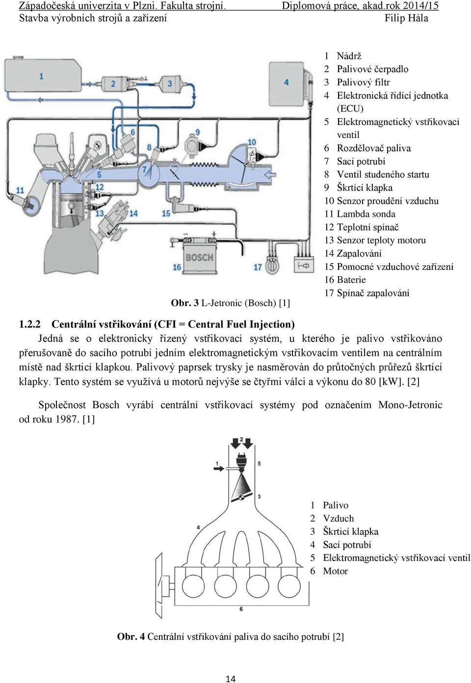 2.2 Centrální vstřikování (CFI = Central Fuel Injection) Jedná se o elektronicky řízený vstřikovací systém, u kterého je palivo vstřikováno přerušovaně do sacího potrubí jedním elektromagnetickým
