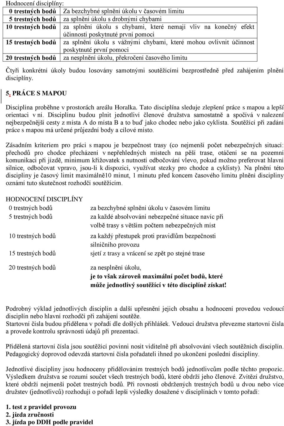 překročení časového limitu Čtyři konkrétní úkoly budou losovány samotnými soutěžícími bezprostředně před zahájením plnění disciplíny. 5. PRÁCE S MAPOU Disciplína proběhne v prostorách areálu Horalka.