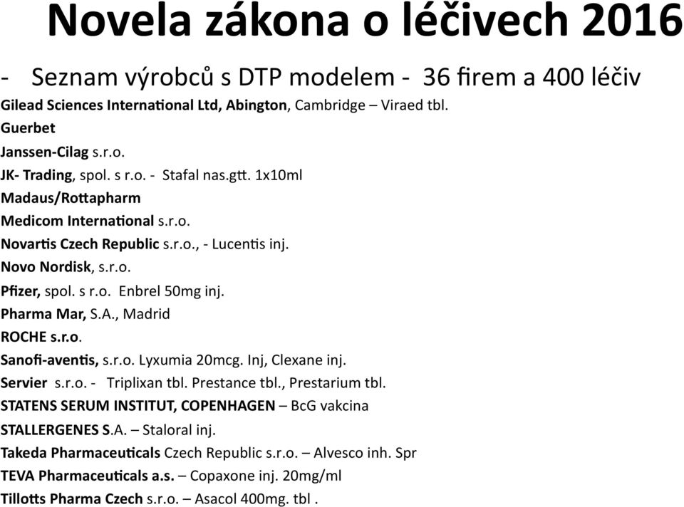 Pharma Mar, S.A., Madrid ROCHE s.r.o. Sanofi avenqs, s.r.o. Lyxumia 20mcg. Inj, Clexane inj. Servier s.r.o. Triplixan tbl. Prestance tbl., Prestarium tbl.