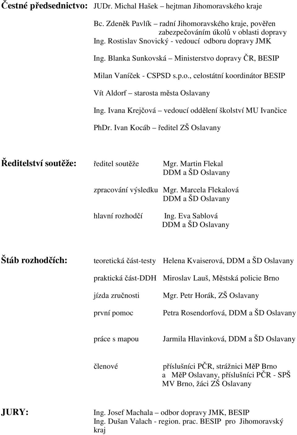 Ivana Krejčová vedoucí oddělení školství MU Ivančice PhDr. Ivan Kocáb ředitel ZŠ Oslavany Ředitelství soutěže: ředitel soutěže Mgr. Martin Flekal DDM a ŠD Oslavany zpracování výsledku Mgr.