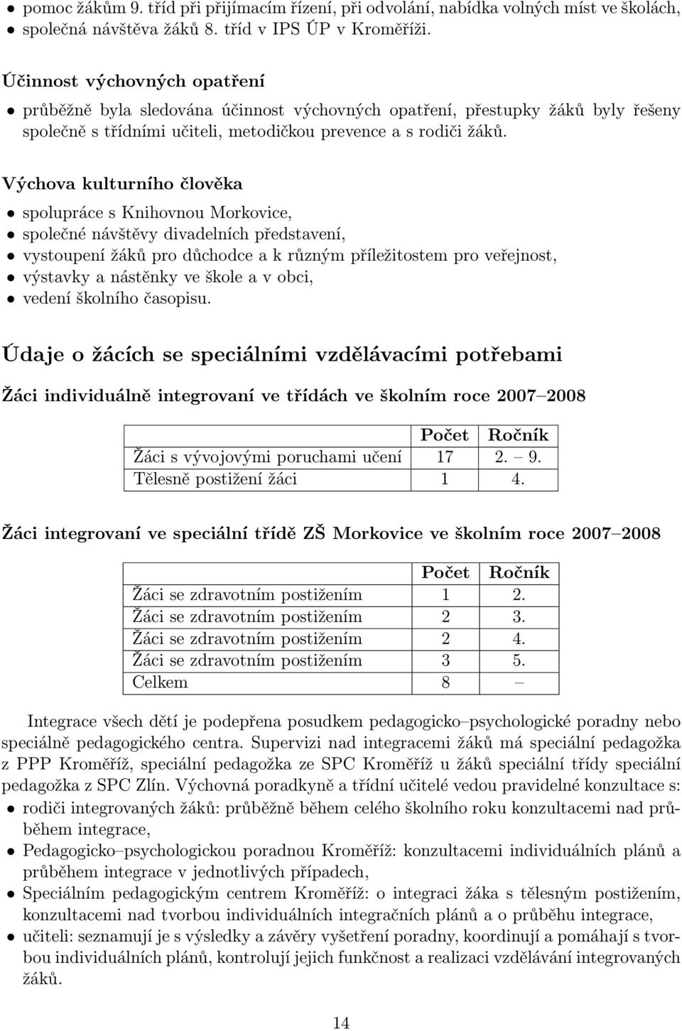 Výchova kulturního člověka spolupráce s Knihovnou Morkovice, společné návštěvy divadelních představení, vystoupení žáků pro důchodce a k různým příležitostem pro veřejnost, výstavky a nástěnky ve