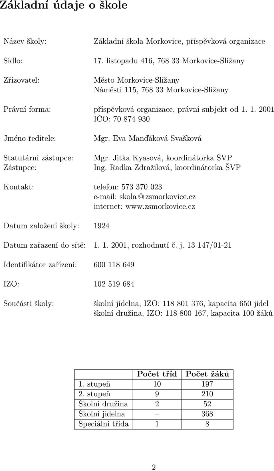 Eva Manďáková Svašková Mgr. Jitka Kyasová, koordinátorka ŠVP Ing. Radka Zdražilová, koordinátorka ŠVP Kontakt: telefon: 573 370 023 e-mail: skola @ zsmorkovice.