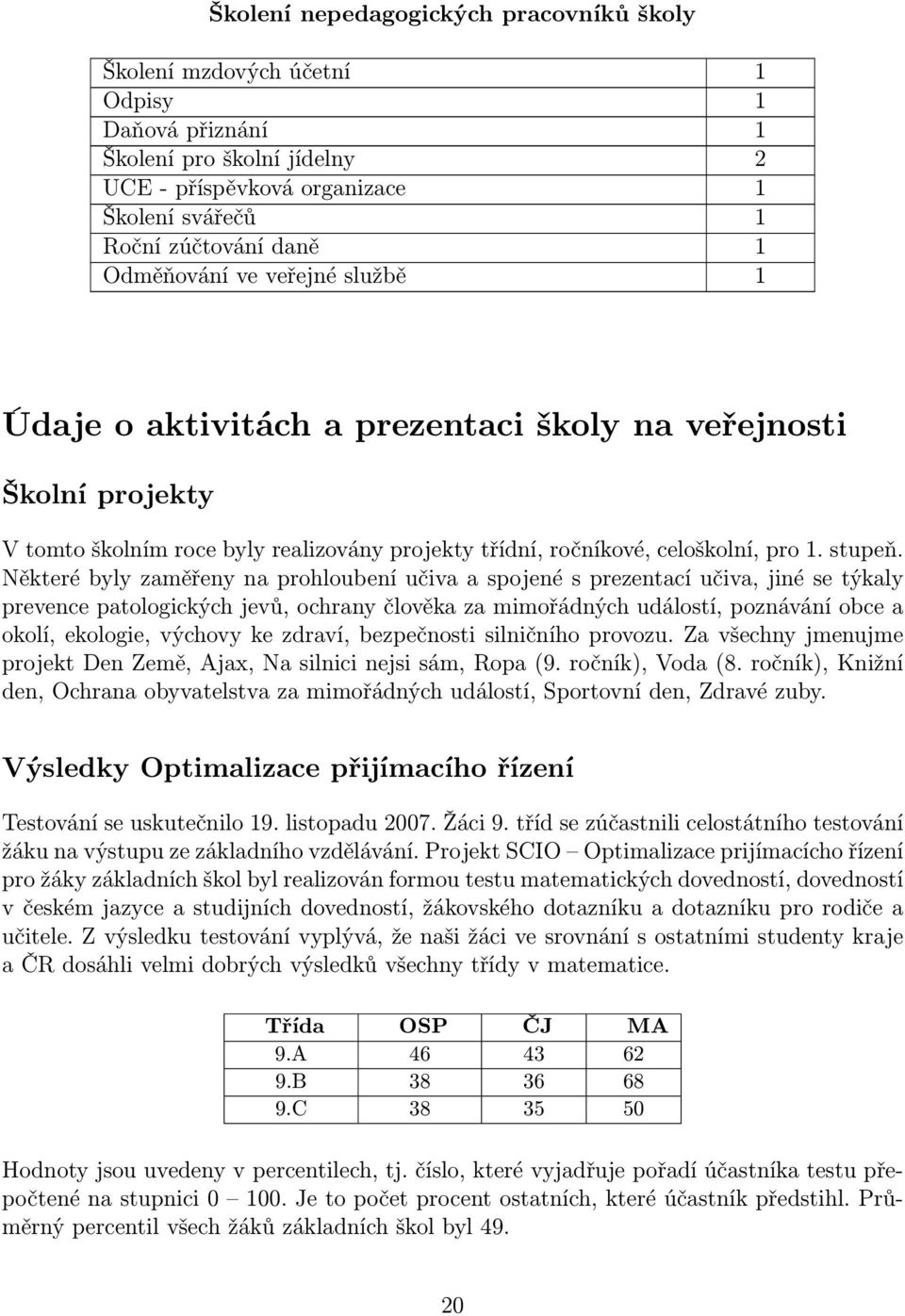 Některé byly zaměřeny na prohloubení učiva a spojené s prezentací učiva, jiné se týkaly prevence patologických jevů, ochrany člověka za mimořádných událostí, poznávání obce a okolí, ekologie, výchovy