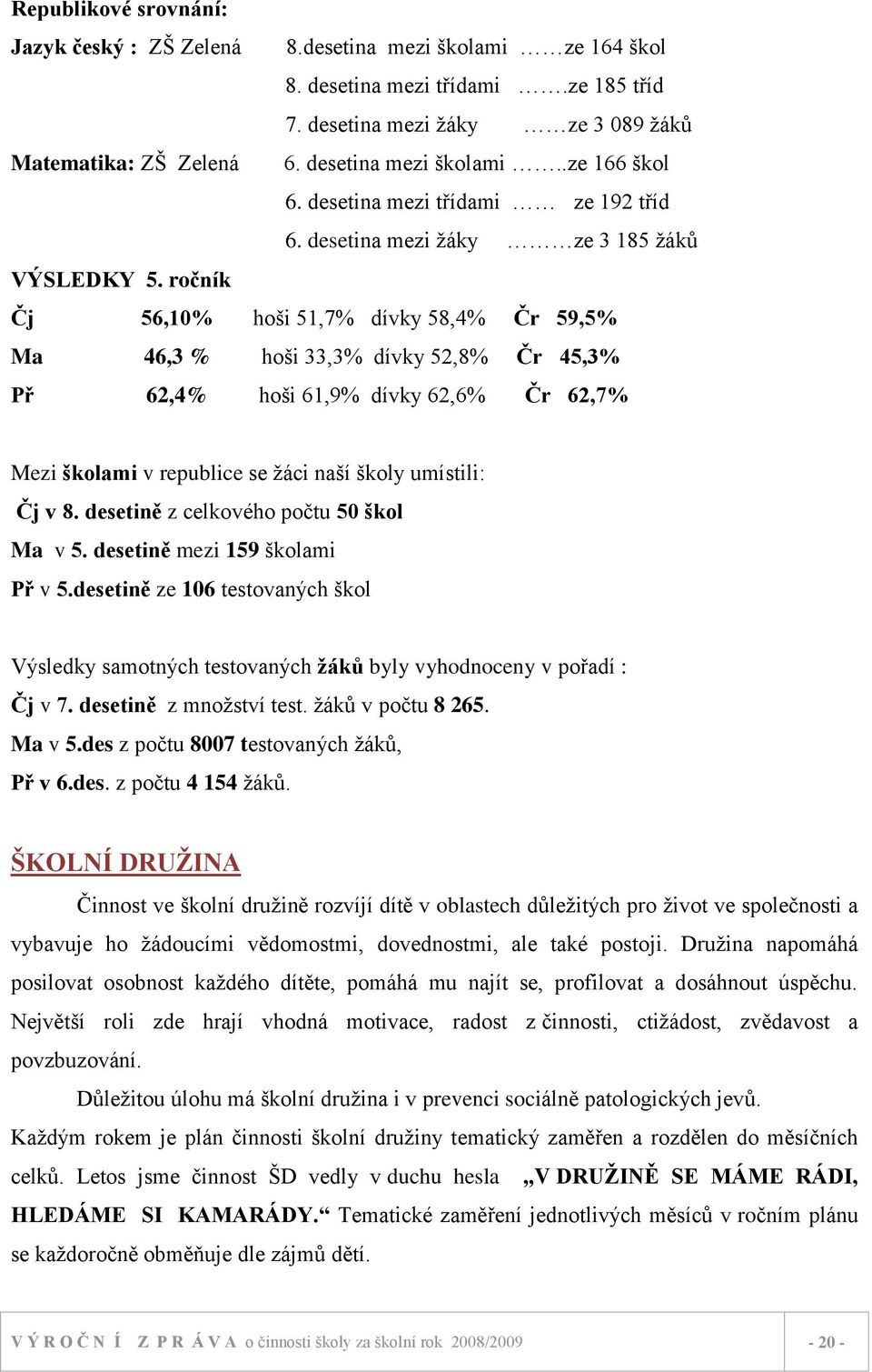 ročník Čj 56,10% hoši 51,7% dívky 58,4% Čr 59,5% Ma 46,3 % hoši 33,3% dívky 52,8% Čr 45,3% Př 62,4% hoši 61,9% dívky 62,6% Čr 62,7% Mezi školami v republice se ţáci naší školy umístili: Čj v 8.