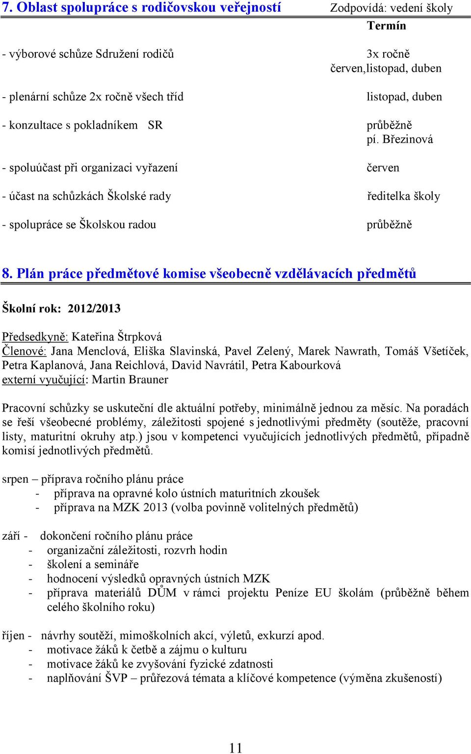 Plán práce předmětové komise všeobecně vzdělávacích předmětů Školní rok: 2012/2013 Předsedkyně: Kateřina Štrpková Členové: Jana Menclová, Eliška Slavinská, Pavel Zelený, Marek Nawrath, Tomáš