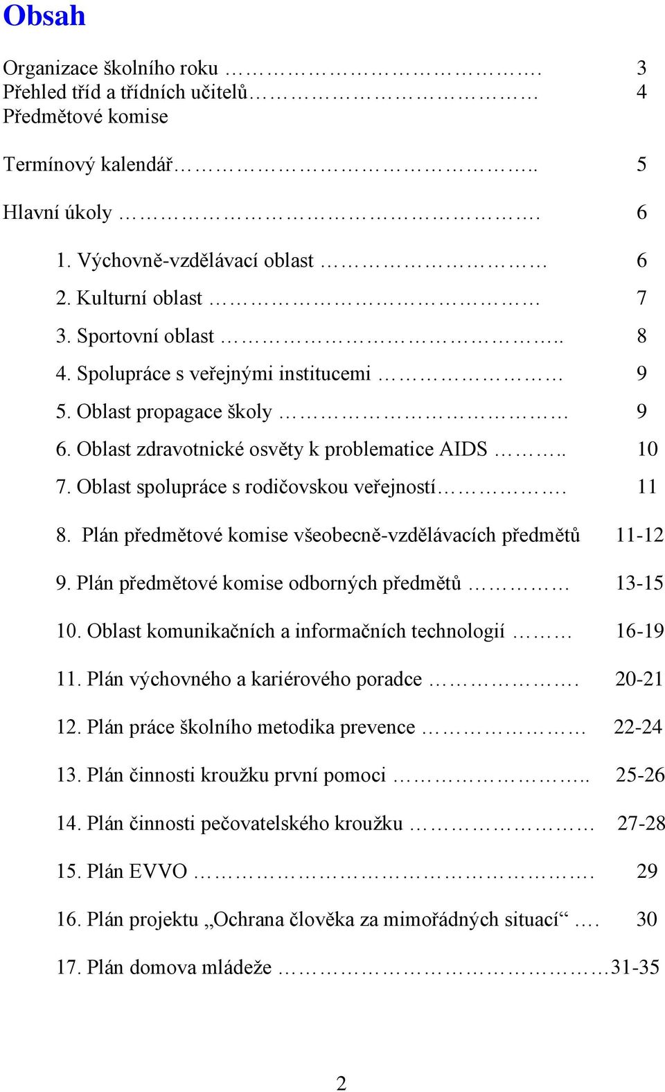 Plán předmětové komise všeobecně-vzdělávacích předmětů 11-12 9. Plán předmětové komise odborných předmětů 13-15 10. Oblast komunikačních a informačních technologií 16-19 11.