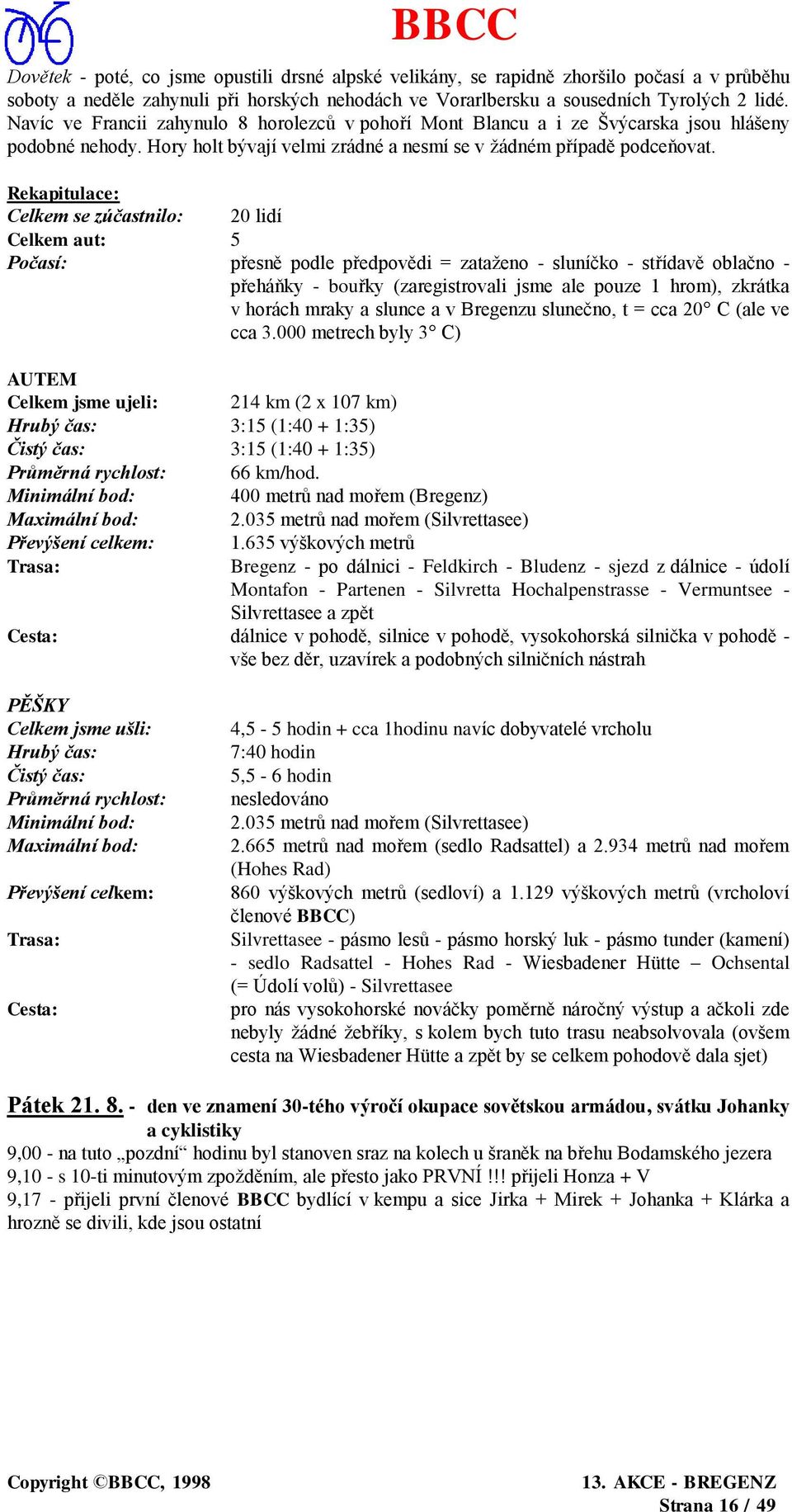 Rekapitulace: Celkem se zúčastnilo: 20 lidí Celkem aut: 5 Počasí: přesně podle předpovědi = zataženo - sluníčko - střídavě oblačno - přeháňky - bouřky (zaregistrovali jsme ale pouze 1 hrom), zkrátka