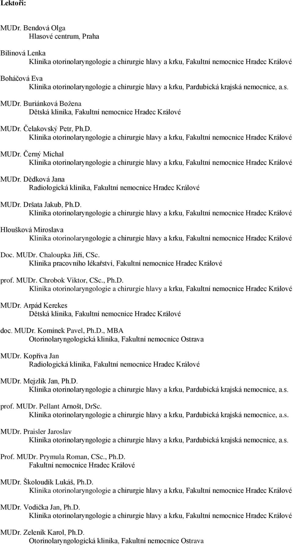 Klinika pracovního lékařství, Fakultní nemocnice Hradec Králové prof. MUDr. Chrobok Viktor, CSc., Ph.D. MUDr. Arpád Kerekes Dětská klinika, Fakultní nemocnice Hradec Králové doc. MUDr. Komínek Pavel, Ph.