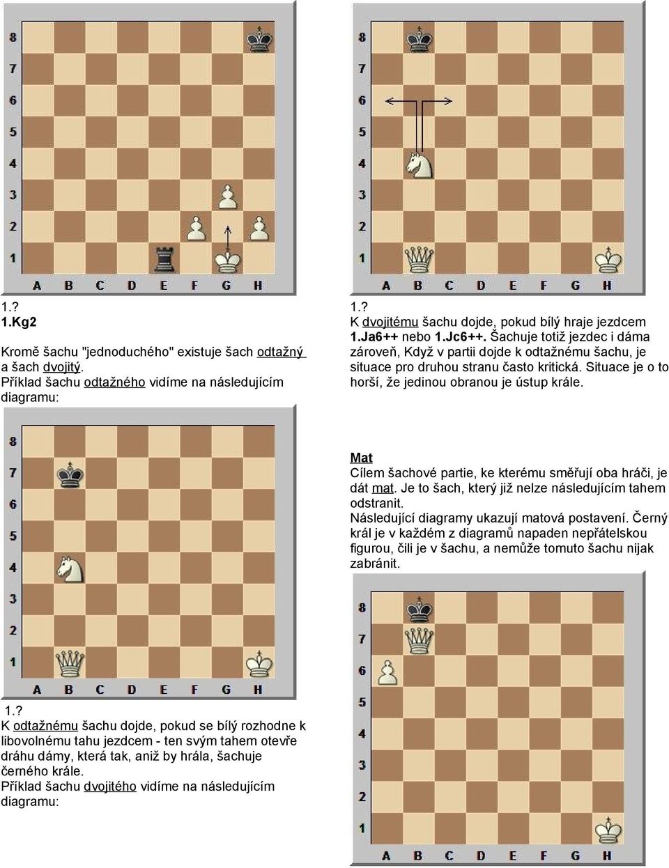 Mat Cílem šachové partie, ke kterému směřují oba hráči, je dát mat. Je to šach, který již nelze následujícím tahem odstranit. Následující diagramy ukazují matová postavení.