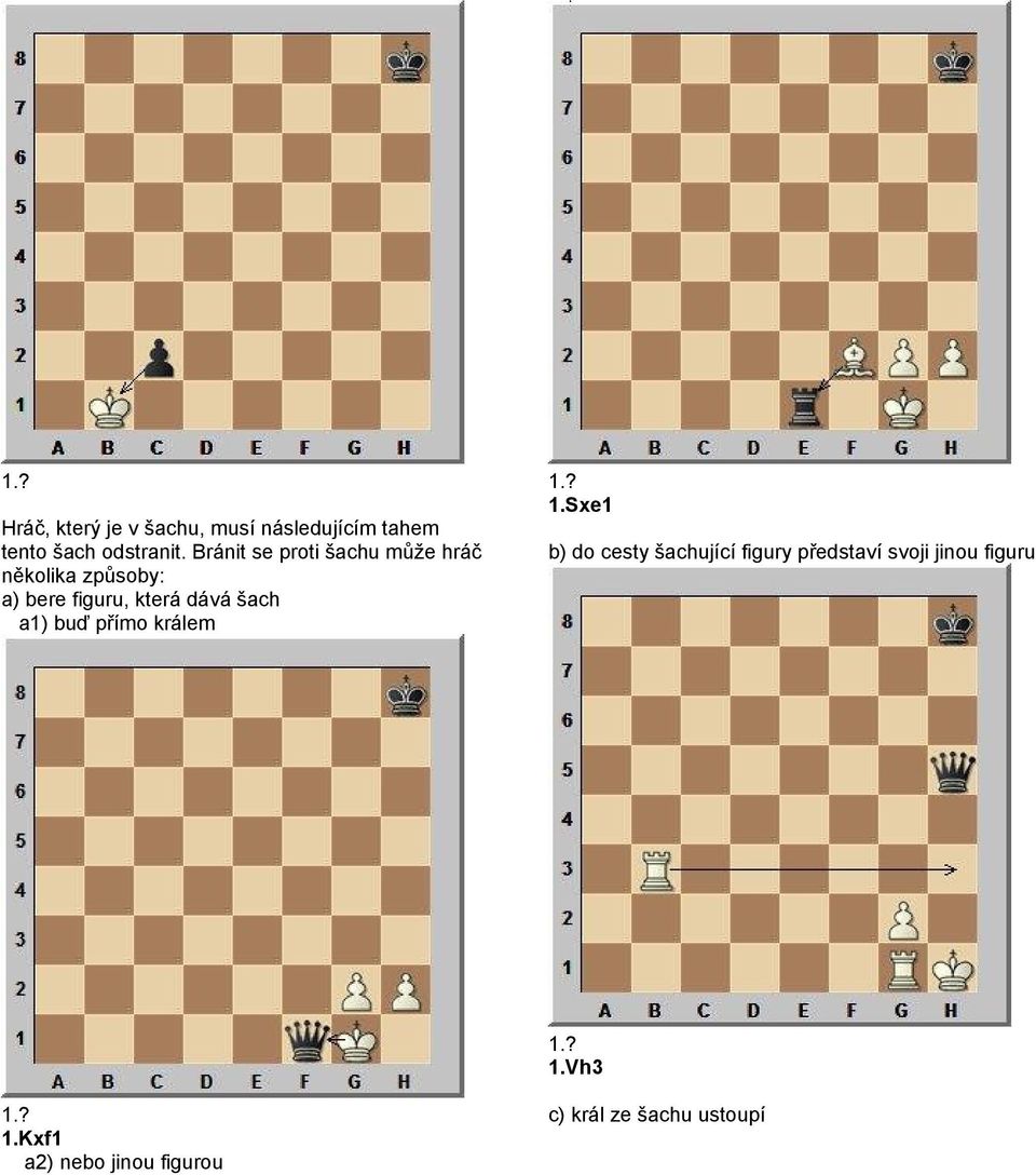 dává šach a1) buď přímo králem Sxe1 b) do cesty šachující figury