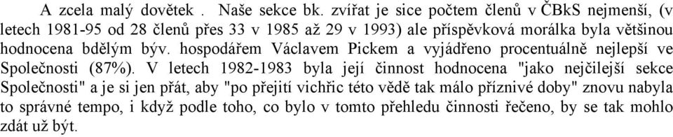 většinou hodnocena bdělým býv. hospodářem Václavem Pickem a vyjádřeno procentuálně nejlepší ve Společnosti (87%).