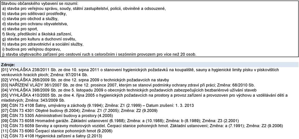 veřejnou dopravu, j) stavba ubytovacího zařízení pro cestovní ruch s celoročním i sezónním provozem pro více než 20 osob. Zdroje: [0] VYHLÁŠKA 238/20 Sb. ze dne 0.