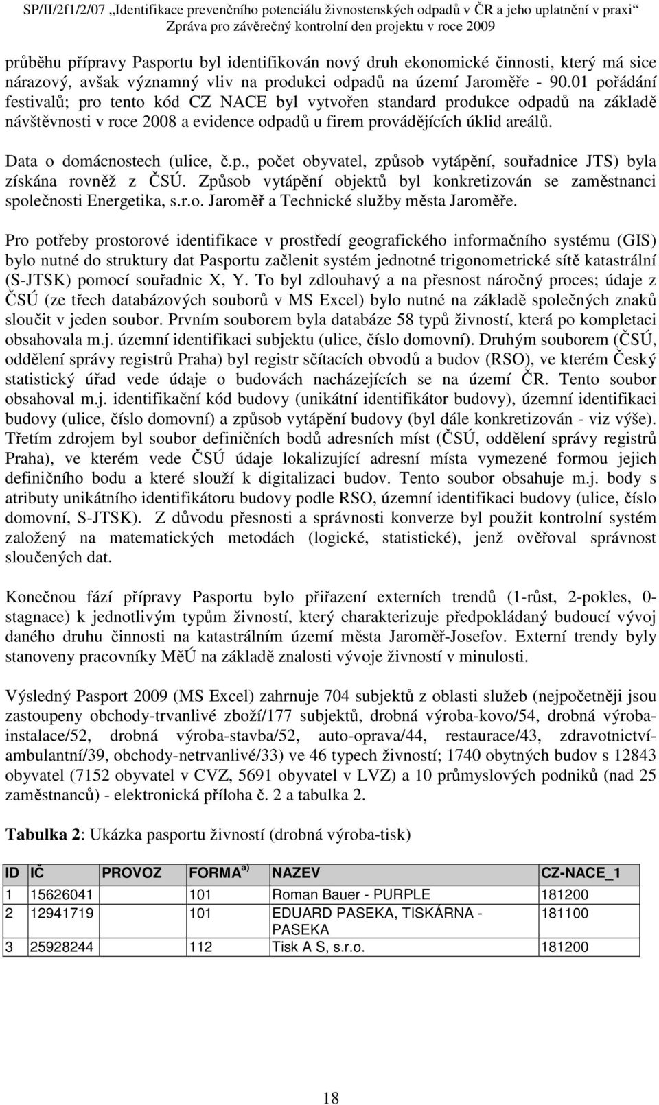 Data o domácnostech (ulice, č.p., počet obyvatel, způsob vytápění, souřadnice JTS) byla získána rovněž z ČSÚ. Způsob vytápění objektů byl konkretizován se zaměstnanci společnosti Energetika, s.r.o. Jaroměř a Technické služby města Jaroměře.