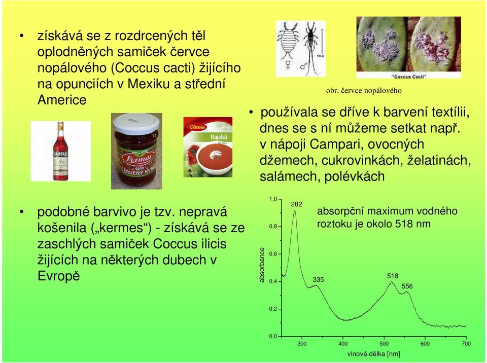 v nápoji Campari, ovocných džemech, cukrovinkách, želatinách, salámech, polévkách podobné barvivo je tzv.