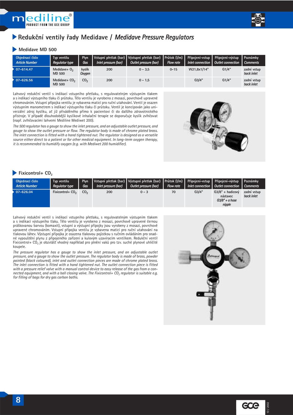 56 Medidave+ CO 2 CO 2 200 0-1,5 G3/4" G1/4" zadní vstup MD 500 back inlet Lahvový redukční ventil s indikací vstupního přetlaku, s regulovatelným výstupním tlakem a s indikací výstupního tlaku či