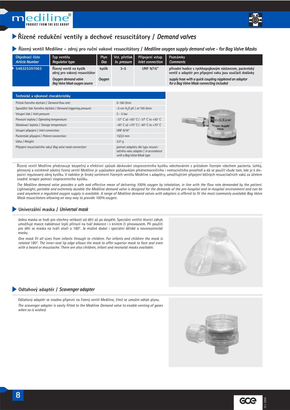 pressure Inlet connection Comments 54325397063 Řízený ventil na kyslík kyslík 3-5 UNF 9/16" přívodní hadice s rychlospojkovým nástavcem, pacientský zdroj pro vakový resuscitátor ventil a adaptér pro