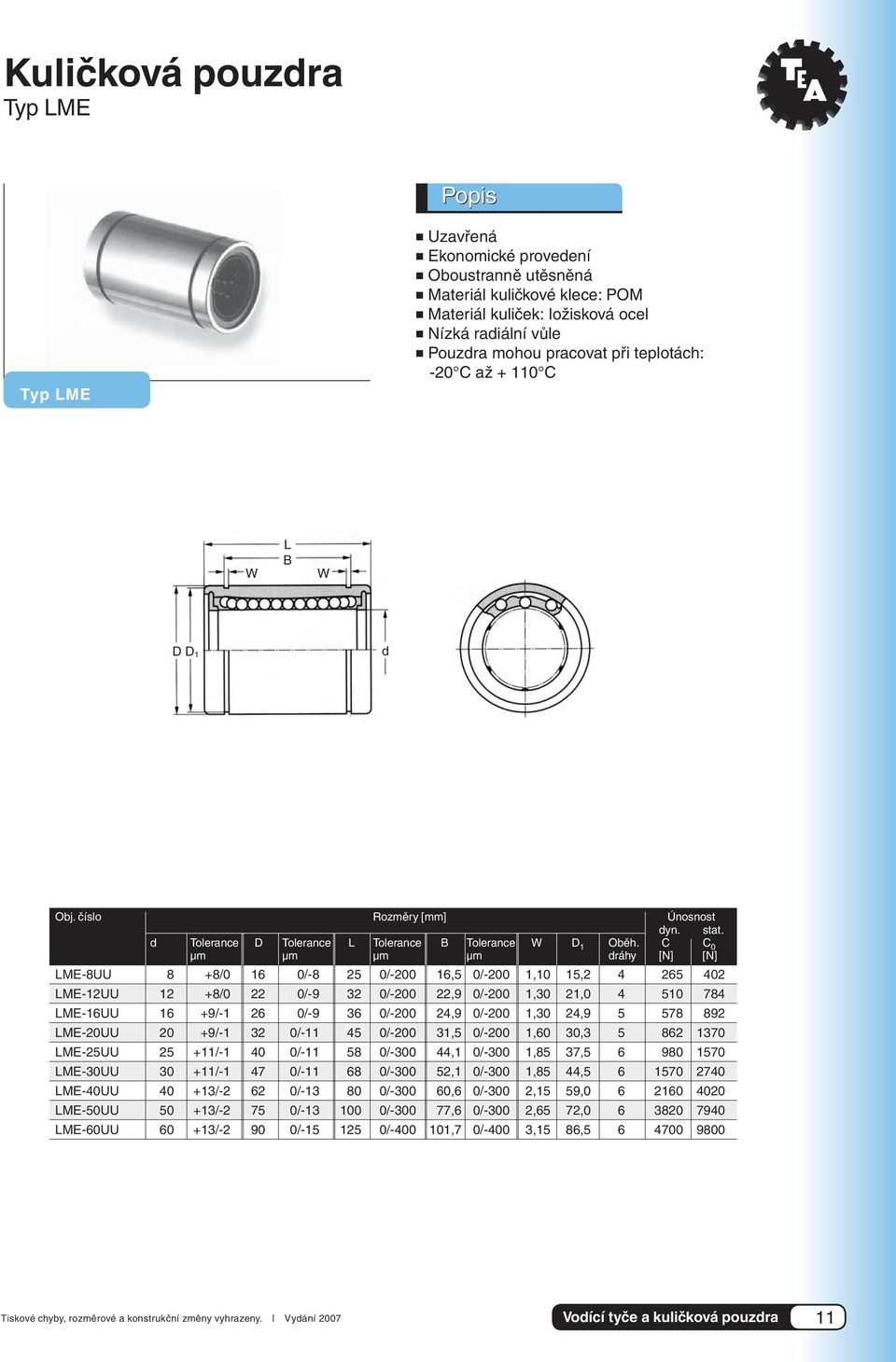 C C 0 μm μm μm μm dráhy [N] [N] LME-8UU 8 +8/0 16 0/-8 25 0/-200 16,5 0/-200 1,10 15,2 4 265 402 LME-12UU 12 +8/0 22 0/-9 32 0/-200 22,9 0/-200 1,30 21,0 4 510 784 LME-16UU 16 +9/-1 26 0/-9 36 0/-200