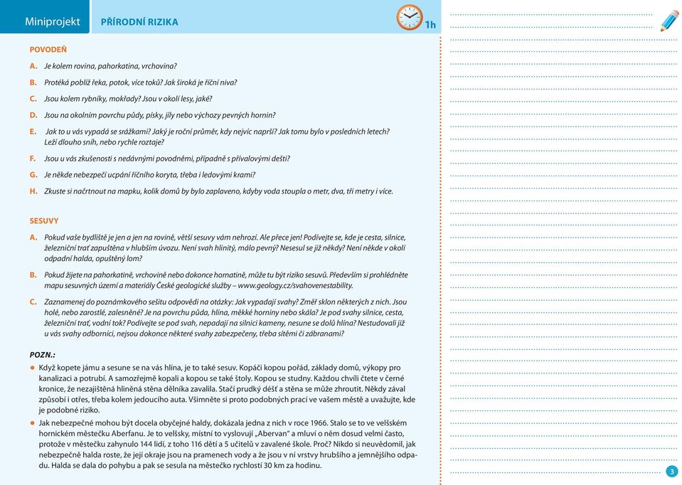 Leží dlouho sníh, nebo rychle roztaje? F. Jsou u vás zkušenosti s nedávnými povodněmi, případně s přívalovými dešti? G. Je někde nebezpečí ucpání říčního koryta, třeba i ledovými krami? H.