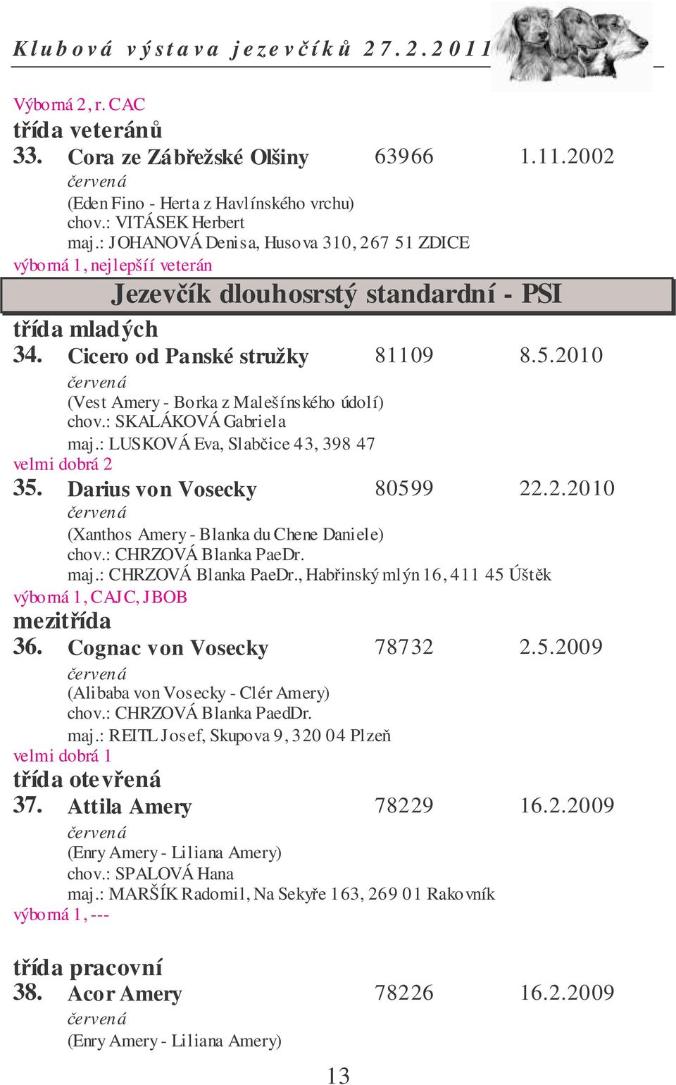 : SKALÁKOVÁ Gabriela maj.: LUSKOVÁ Eva, Slabice 43, 398 47 velmi dobrá 2 35. Darius von Vosecky 80599 22.2.2010 (Xanthos Amery - Blanka du Chene Daniele) chov.: CHRZOVÁ Blanka PaeDr.