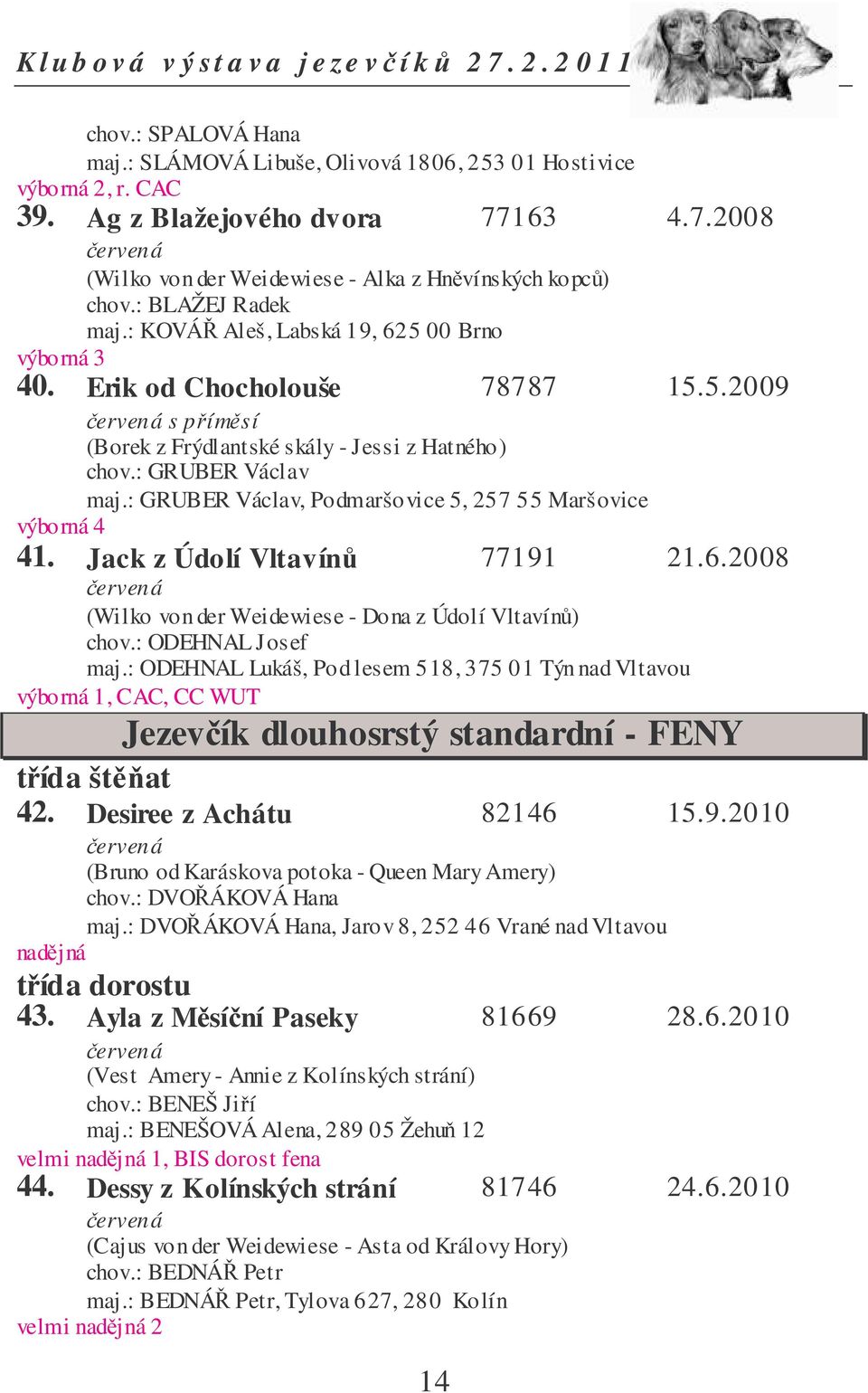 : GRUBER Václav, Podmaršovice 5, 257 55 Maršovice výborná 4 41. Jack z Údolí Vltavín 77191 21.6.2008 (Wilko von der Weidewiese - Dona z Údolí Vltavín) chov.: ODEHNAL Josef maj.