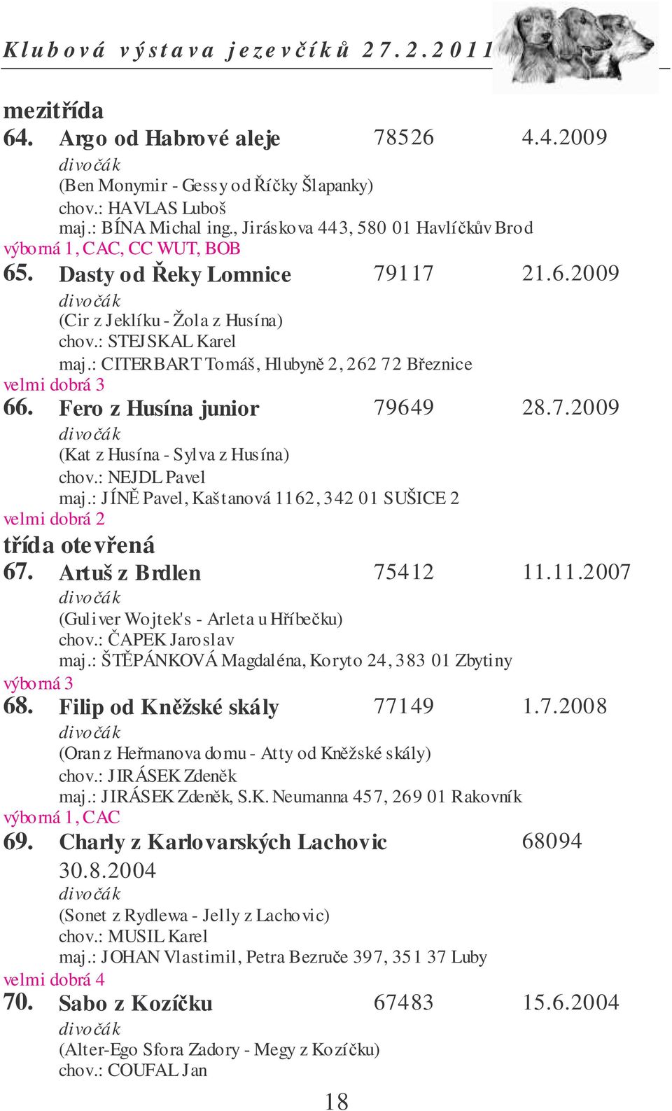 : NEJDL Pavel maj.: JÍN Pavel, Kaštanová 1162, 342 01 SUŠICE 2 velmi dobrá 2 tída otevená 67. Artuš z Brdlen 75412 11.11.2007 (Guliver Wojtek's - Arleta u Híbeku) chov.: APEK Jaroslav maj.