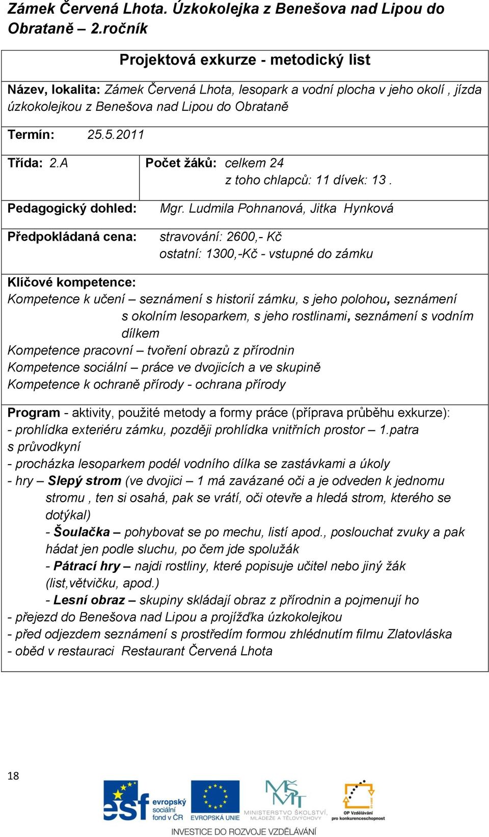 A Počet ţáků: celkem 24 z toho chlapců: 11 dívek: 13. Pedagogický dohled: Předpokládaná cena: Mgr.