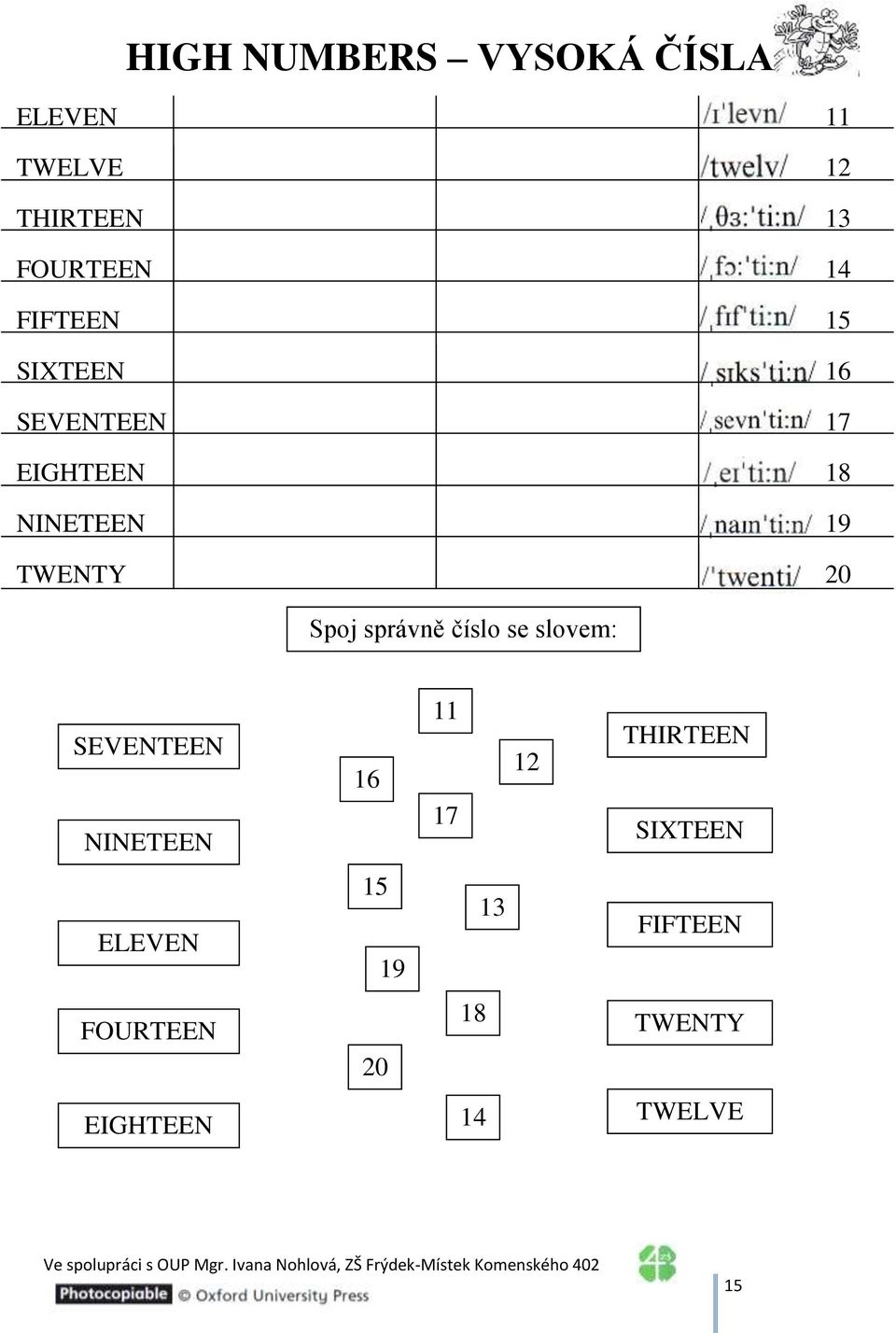 Spoj správně číslo se slovem: SEVENTEEN NINETEEN 16 11 17 12 THIRTEEN