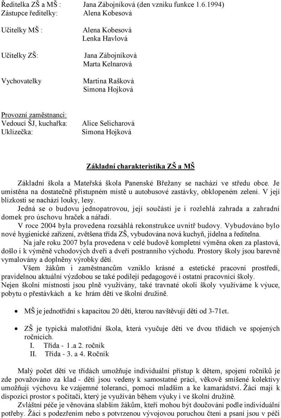 Vedoucí ŠJ, kuchařka: Uklízečka: Alice Selicharová Simona Hojková Základní charakteristika ZŠ a MŠ Základní škola a Mateřská škola Panenské Břežany se nachází ve středu obce.